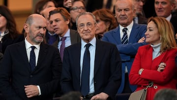MADRID, SPAIN - JANUARY 16: Rafael Louzan, the President of the Spanish Football federation and Florentino Perez, President of Real Madrid are pictured together prior to during the Copa Del Rey match between Real Madrid and Celta de Vigo at Estadio Santiago Bernabeu on January 16, 2025 in Madrid, Spain. (Photo by Angel Martinez/Getty Images)