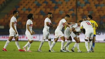 Soccer Football - Egyptian Premier League - Zamalek v Ismaily - Cairo International Stadium, Cairo, Egypt - October 26, 2020 Zamalek's Mostafa Mohamed celebrates scoring their first goal with Tarek Hamed and teammates REUTERS/Amr Abdallah Dalsh