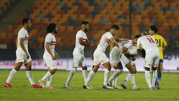 Soccer Football - Egyptian Premier League - Zamalek v Ismaily - Cairo International Stadium, Cairo, Egypt - October 26, 2020 Zamalek&#039;s Mostafa Mohamed celebrates scoring their first goal with Tarek Hamed and teammates REUTERS/Amr Abdallah Dalsh