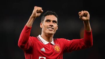 MANCHESTER, ENGLAND - AUGUST 22: Raphael Varane of Manchester United celebrates after victory in the Premier League match between Manchester United and Liverpool FC at Old Trafford on August 22, 2022 in Manchester, England. (Photo by Michael Regan/Getty Images)