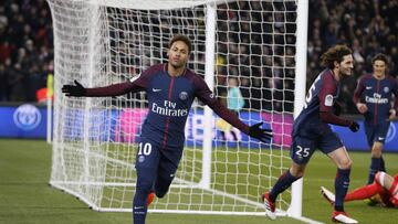 Paris Saint-Germain&#039;s Brazilian forward Neymar Jr celebrates after Marseille&#039;s Portuguese defender Rolando (unseen) scored an own goal during the French L1 football match between Paris Saint-Germain (PSG) and Marseille (OM) at the Parc des Princ