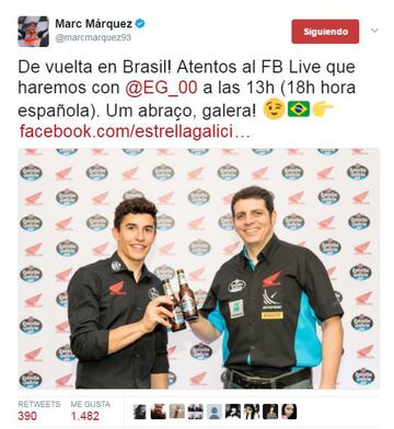 MotoGP world champion Marc M¨¢rquez is also paid 15,000 to 20,000 euros for every tweet, says Opendorse.