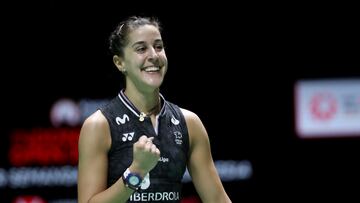 La jugadora espa?ola Carolina Marin celebra un punto durante su partido ante Ratchanok Intanon en el Indonesia Open 2023.