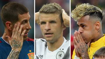 Sergio Ramos (Espa&ntilde;a), Thomas M&uuml;ller (Alemania) y Neymar (Brasil), en el Mundial de Rusia 2018.