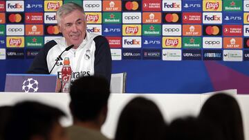 Real Madrid's coach Carlo Ancelotti answers to journalists during a press conference at Valdebebas Sport City in Madrid on November 7, 2023 on the eve of the UEFA Champions League group C football match between Real Madrid CF and SC Braga. (Photo by Thomas COEX / AFP)