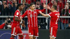 James Rodr&iacute;guez, David Alaba y Franck Rib&eacute;ry celebrando un gol con el Bayern M&uacute;nich