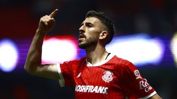 Joao Dias celebrates his goal 4-0 of Toluca during the 7th round match between Toluca and Tijuana as part of the Liga BBVA MX, Torneo Apertura 2024 at Nemesio Diez Stadium on September 14, 2024 in Toluca, Estado de Mexico, Mexico.