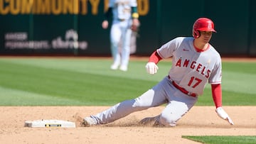 Sep 3, 2023; Oakland, California, USA; Los Angeles Angels designated hitter Shohei Ohtani (17) steals second base against the Oakland Athletics during the fifth inning at Oakland-Alameda County Coliseum. Mandatory Credit: Robert Edwards-USA TODAY Sports