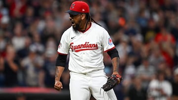 CLEVELAND, OHIO - JULY 23: Emmanuel Clase #48 of the Cleveland Guardians celebrates the team's 3-2 win over the Baltimore Orioles at Progressive Field on July 23, 2025 in Cleveland, Ohio. Nick Cammett/Getty Images/AFP (Photo by Nick Cammett / GETTY IMAGES NORTH AMERICA / Getty Images via AFP)