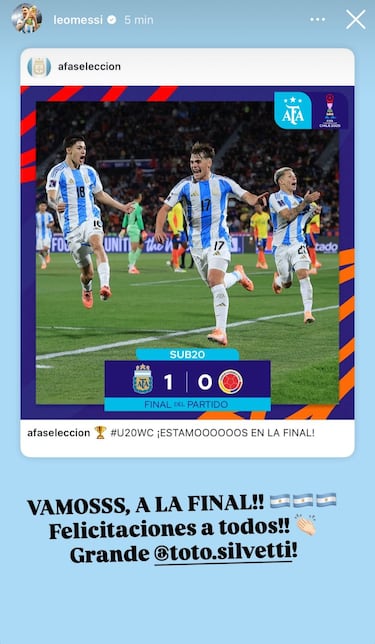 Messi felicita a Mateo Silvetti por guiar a Argentina a la final del Mundial Sub 20