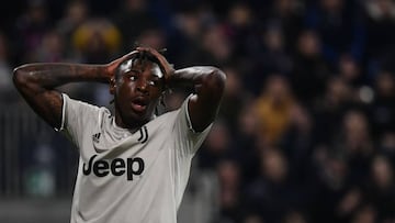 Juventus&#039; Italian forward Moise Kean reacts during the Italian Serie A football march Cagliari vs Juventus on April 2, 2019 at the Sardignia Arena in Cagliari. (Photo by Marco BERTORELLO / AFP)