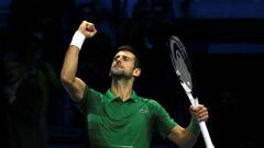 TURIN, ITALY - NOVEMBER 14: Novak Djokovic of Serbia celebrates after defeating Stefanos Tsitsipas of Greece during round robin play on Day Two of the Nitto ATP Finals at Pala Alpitour on November 14, 2022 in Turin, Italy. (Photo by Giampiero Sposito/Getty Images)