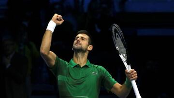 TURIN, ITALY - NOVEMBER 14: Novak Djokovic of Serbia celebrates after defeating Stefanos Tsitsipas of Greece during round robin play on Day Two of the Nitto ATP Finals at Pala Alpitour on November 14, 2022 in Turin, Italy. (Photo by Giampiero Sposito/Getty Images)