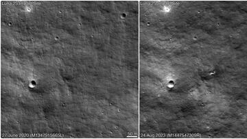 A combination picture of NASA Lunar Reconnaissance Orbiter (LRO) images shows the surface of the moon on June 27, 2020 and August 24, 2023, before and after the appearance of a crater, likely the impact site of Russia's Luna-25 mission, in these screengrabs obtained from a GIF image released August 31, 2023. NASA's Goddard Space Flight Center/Arizona State University via REUTERS ATTENTION EDITORS - THIS IMAGE HAS BEEN SUPPLIED BY A THIRD PARTY. MANDATORY CREDIT.