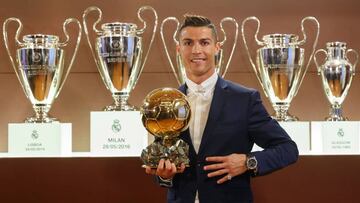Handout photo released on December 12, 2016 by L'Equipe shows Portugese player Cristiano Ronaldo posing with the Ballon d'Or France Football trophy at the Trophy Room of the Santiago Bernabeu stadium in Madrid.
Cristiano Ronaldo was named winner of the Ballon d'Or on December 12, 2016 for the fourth time, organisers France Football said, capping a terrific year for the Real Madrid star. / AFP PHOTO / L'EQUIPE / ANGEL MARTINEZ / RESTRICTED TO EDITORIAL USE - MANDATORY CREDIT "AFP PHOTO / ANGEL MARTINEZ / L’EQUIPE" - NO MARKETING NO ADVERTISING CAMPAIGNS - DISTRIBUTED AS A SERVICE TO CLIENTS
CRISRTIANO RONALDO CUARTO BALON DE ORO
PUBLICADA 13/12/16 NA MA02 6COL
PUBLICADA 13/12/16 NA MA01 5COL PORTADA
