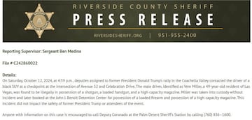 Comunicado del sheriff por el tercer intento de asesinato durante un rally en Coachella