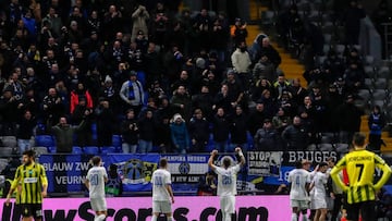 Club Brugge's players celebrate a goal during the UEFA Champions League league phase football match between Kairat Almaty and Club Brugge at the Astana Arena in Astana on January 20, 2026. (Photo by STANISLAV FILIPPOV / AFP)