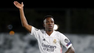 Vinicius, en la ida de cuartos de final de la Champions contra el Liverpool.