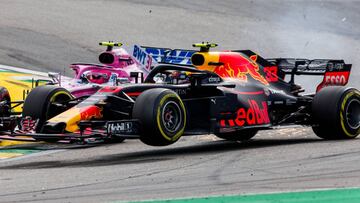 SAO PAULO, BRAZIL - NOVEMBER 11:  Max Verstappen of Red Bull Racing and The Netherlands clashes with Esteban Ocon of France and Sahara Force India during the Formula One Grand Prix of Brazil at Autodromo Jose Carlos Pace on November 11, 2018 in Sao Paulo, Brazil.  (Photo by Peter J Fox/Getty Images)