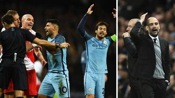 El circo de Mateu: penalti claro, Guardiola pide roja y... ¡amarilla al Kun!
