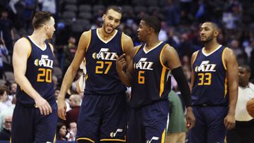 Jan 20, 2017; Dallas, TX, USA; Utah Jazz forward Gordon Hayward (20) and center Rudy Gobert (27) and forward Joe Johnson (6) and center Boris Diaw (33) react in overtime against the Dallas Mavericks at American Airlines Center. Mandatory Credit: Kevin Jairaj-USA TODAY Sports