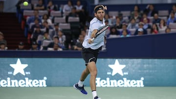 SHANGHAI, CHINA - OCTOBER 14: Juan Martin del Potro of Argentina returns a shot during the Men's singles Semifinal mach against Roger Federer of Switzerland on day seven of 2017 ATP Shanghai Rolex Masters at Qizhong Stadium on October 14, 2017 in Sh
