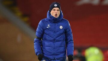 Chelsea's German head coach Thomas Tuchel celebrates at the end of the English Premier League football match between Liverpool and Chelsea at Anfield in Liverpool, north west England on March 4, 2021. (Photo by Oli SCARFF / POOL / AFP) / RESTRICTED T