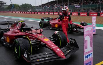 Alegría de Carlos Sainz tras conseguir la pole en el Gran Premio de Gran Betraña.