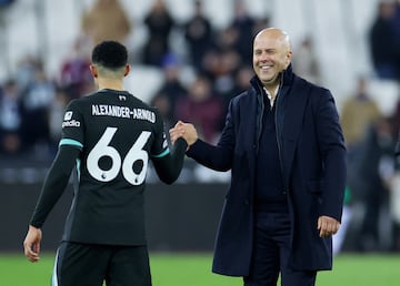 Slot and Alexander-Arnold celebrate after the 5-0 win over West Ham United. 