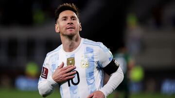 AMDEP9626. BUENOS AIRES (ARGENTINA), 09/09/2021.- Lionel Messi de Argentina celebra un gol hoy, en un partido por las eliminatorias sudamericanas al Mundial de Catar 2022 entre Argentina y Bolivia, en el estadio Monumental de N&uacute;&ntilde;ez, en Bueno
