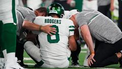 Sep 11, 2023; East Rutherford, New Jersey, USA; New York Jets quarterback Aaron Rodgers (8) is injured after a sack by Buffalo Bills defensive end Leonard Floyd (not pictured) during the first quarter at MetLife Stadium. Mandatory Credit: Robert Deutsch-USA TODAY Sports