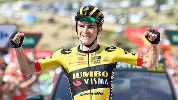 Team Jumbo-Visma's US rider Sepp Kuss celebrates winning the sixth stage of the 2023 La Vuelta cycling tour of Spain, a 183,1 km race from La Vall d'Uixo to Alto de Javalambre, on August 31, 2023. (Photo by JOSE JORDAN / AFP)