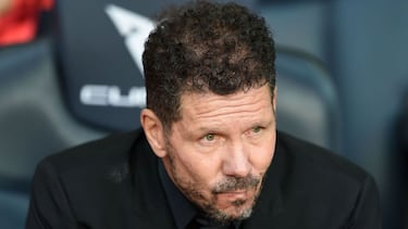 Diego Simeone looks on prior to the match between FC Barcelona and Club Atletico de Madrid at the Camp Nou stadium in Barcelona on February 6, 2022.
