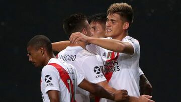 LA PLATA, ARGENTINA - APRIL 07: Federico Girotti of River Plate celebrates with teammates after scoring his team's first goal during a match between River Plate and Atletico Tucuman as part of Round of 64 of Copa Argentina 2021 at Estadio Ciudad de La Plata on April 7, 2021 in La Plata, Argentina. (Photo by Daniel Jayo/Getty Images)