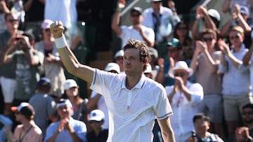 Tennis - Wimbledon - All England Lawn Tennis and Croquet Club, London, Britain - June 30, 2025 Chile's Nicolas Jarry celebrates after winning his first round match against Denmark's Holger Rune REUTERS/Toby Melville