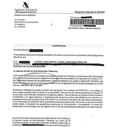 Gestifute exhibe un documento de Hacienda que dice que Cristiano está al corriente