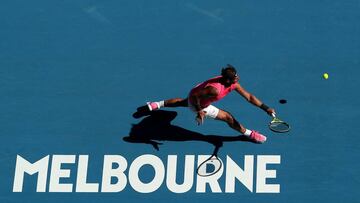 MELBOURNE, AUSTRALIA - JANUARY 25: Rafael Nadal of Spain plays a backhand during his Men&#039;s Singles third round match against Pablo Carreno Busta of Spain on day six of the 2020 Australian Open at Melbourne Park on January 25, 2020 in Melbourne, Australia. (Photo by Matt King/Getty Images)