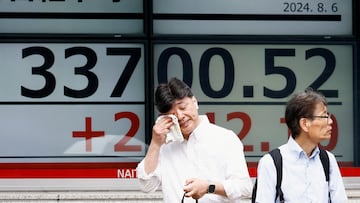 A passerby gestures in front of an electronic board displaying the Nikkei stock average outside a brokerage in Tokyo, Japan, August 6, 2024. REUTERS/Willy Kurniawan