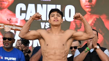 Jaime Munguia during Weigh-in ceremony prior to the Fight for the undisputed super middleweight championship against Saul -Canelo- Alvarez at Toshiba Square, on May 3, 2024, in Las Vegas, Nevada, United States.