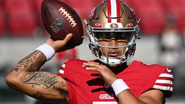 SANTA CLARA, CALIFORNIA - AUGUST 19: Trey Lance #5 of the San Francisco 49ers warms up before playing the Denver Broncos in a preseason game at Levi's Stadium on August 19, 2023 in Santa Clara, California.   Loren Elliott/Getty Images/AFP (Photo by Loren Elliott / GETTY IMAGES NORTH AMERICA / Getty Images via AFP)