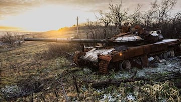 This photograph taken on December 20, 2022, shows a destroyed T-72 Russian tank in the village of Bohorodychne, eastern Ukraine. - Bohorodychne is a village in Donetsk region that came under heavy attack by Russian forces in June 2022, during the Russian invasion of Ukraine. On August 17, 2022 the Russian forces captured the village. The Armed Forces of Ukraine announced on September 12, 2022 that they took back the control over the village. A few resident came back to restore their destroyed houses and live in the village. (Photo by Sameer Al-DOUMY / AFP) (Photo by SAMEER AL-DOUMY/AFP via Getty Images)