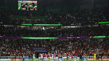 Soccer Football - FIFA World Cup Qatar 2022 - Round of 16 - Morocco v Spain - Education City Stadium, Al Rayyan, Qatar - December 6, 2022 General view as Spain players look dejected after the penalty shootout as Spain are eliminated from the World Cup REUTERS/Dylan Martinez