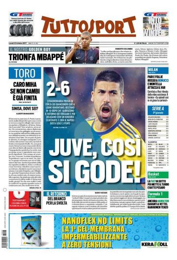 Portada del diario italiano Tuttosport del día 23 de octubre de 2017.