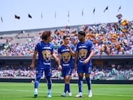 Adalberto carrasquilla, Rodrigo Lopez, Nathanael Ananias of Pumas during the 14th round match between Pumas UNAM and Mazatlan FC as part of the Liga BBVA MX Varonil, Torneo Clausura 2026 at Olimpico Universitario Stadium, on April 12, 2026 in Mexico City, Mexico.