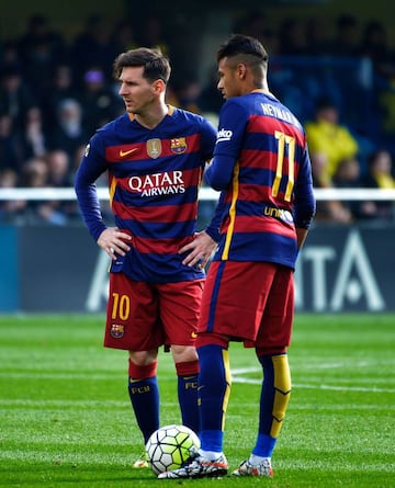 Messi and Neymar during Villarreal vs Barcelona at El Madrigal stadium in Vila-real on March 20, 2016.