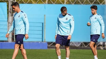 Bernardo, David L&oacute;pez y D&iacute;dac, en el entrenamiento posterior a la derrota del Espanyol ante Osasuna.