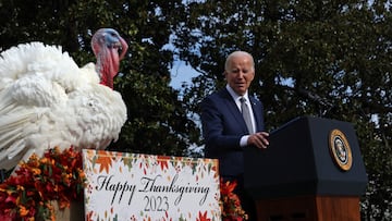 U.S. President Joe Biden pardons the National Thanksgiving Turkey, Liberty, during the annual ceremony on the South Lawn at the White House in Washington, U.S., November 20, 2023. REUTERS/Leah Millis