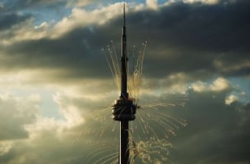 Fireworks shoot off from the CN Tower during the opening ceremony for the 2015 Pan American Games in Toronto, Ontario on July 10, 2015.      AFP PHOTO/ JIM WATSON