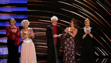 Actresses Marisa Paredes, Penelope Cruz, Cecilia Roth, Antonia San Ju and Director Pedro Almodovar applaud on stage during the Spanish Film Academy's Goya Awards ceremony in Valladolid, Spain February 11, 2024. REUTERS/Ana Beltran