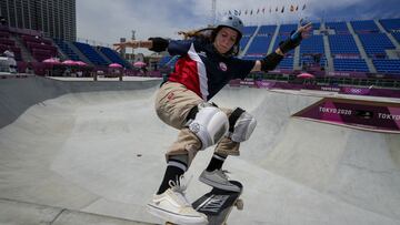Josefina Tapia Varas of Chile takes part in a women's park skateboarding practice session at the 2020 Summer Olympics, Monday, Aug. 2, 2021, in Tokyo, Japan. (AP Photo/Ben Curtis)